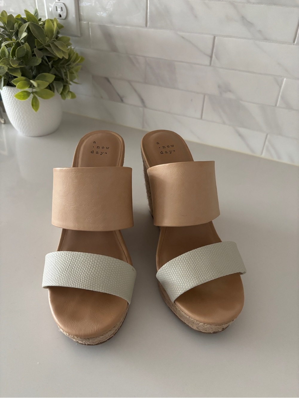 a new day Beige and White Double-Band Wedge Sandals Size 8.5 - worn once!